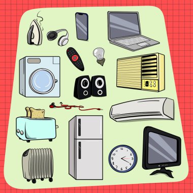 Evde her gün büyük aletler kullanılıyor. Demir Kulaklıklar Mobil Laptop Uzaktan Yıkama Makinası Havalandırma Kliması Tost makinesi Kulaklıkları Isıtıcı Saat İzleyicisi.