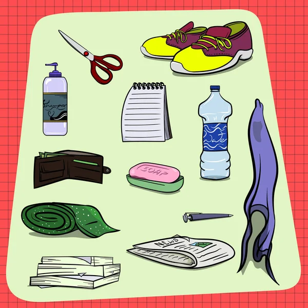 Rastgele Ev Eşyaları 'ndan oluşan büyük bir set. Ayakkabı Makası Şampuan Su Şişesi Önlük Sabun Cüzdan Mat Kağıt Kağıt Kağıt Kağıt Kağıt Kağıt Kağıt Kalemi. Kontrol desenli kırmızı arkaplan