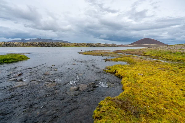 아이슬란드 남부의 습지대는 구름낀 날입니다 화산의 풍경은 봄철에 버립니다 — 스톡 사진