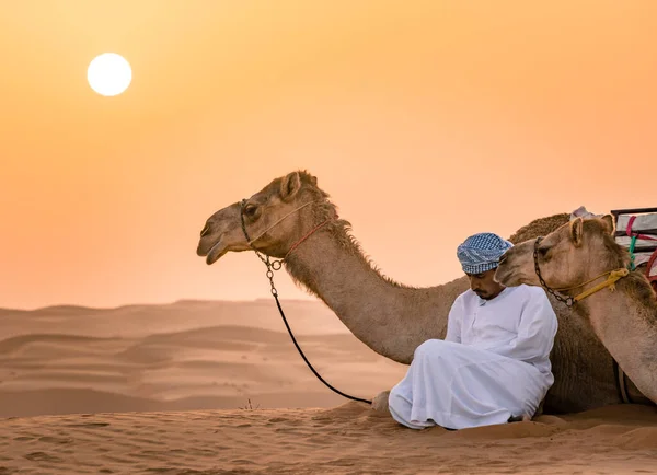 Wahiba Sands Omã 2018 Homem Roupão Branco Seu Camelo Sentam — Fotografia de Stock