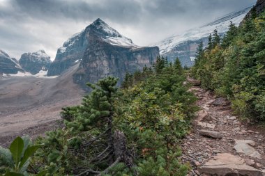 Lefroy Tepesi bulutlu bir günde Kanada Kayalıklarında. Lefroy Dağı, Banff Ulusal Parkı, Kanada 'daki Six Glaciers Ovası' ndan görüldü. Kanada Kayalıkları 'nı gezmek ve keşfetmek.