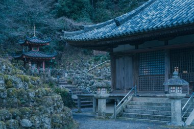Tarihi Budist tapınağının yakınında bir akşam. Bahçede yüzlerce taş heykel var. Otagi Nenbutsu-ji 'deki Budist tapınağı, Kyoto, Japonya