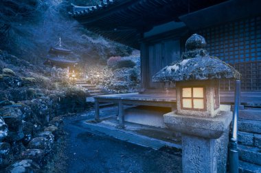 Japonya 'nın Kyoto kentindeki antik Otagi Nenbutsu-ji Budist Tapınağı' nda gece yanan lambaların sanatsal düzenlemesi.