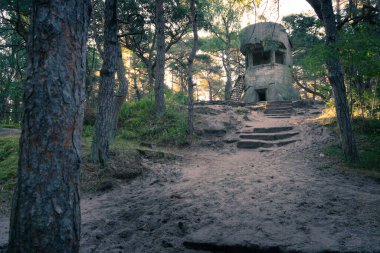 Polonya 'nın Hel ormanındaki eski beton piyade sığınağında. İkinci Dünya Savaşı ve Soğuk Savaş 'tan kalma eski askeri kuvvetler. Tepedeki karakolu koruyun..