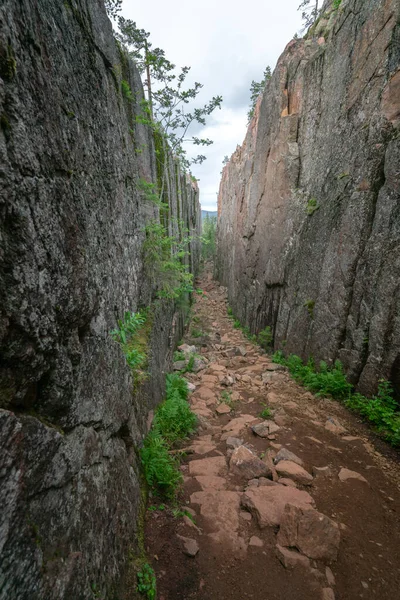 Cañón Slattdalsskrevan en el Parque Nacional Skuleskogen, Suecia. Grieta estrecha en roca sólida en un día nublado de verano. Senderismo a lo largo del Sendero de Alta Costa en Suecia. Ruta Hohe Kustenleden. —  Fotos de Stock