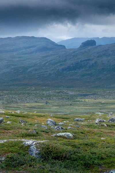Vertikale Aufnahme der rauen arktischen Landschaft Schwedisch Lapplands im Stora Sjofallet Nationalpark mit dramatischem Himmel und seltsam geformten rauen Bergen im Hintergrund. — Stockfoto