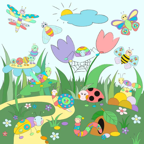 Dibujo con insectos de dibujos animados — Vector de stock