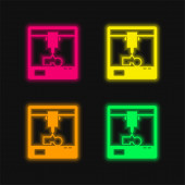 3D tiskárna v čtverci okna čtyři barvy zářící neonový vektor ikona
