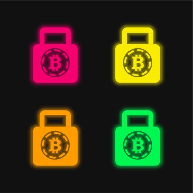 Bitcoin Güvenlik Sembolü 4 renkli parlayan neon vektör simgesi
