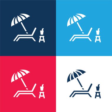 Plaj sandalyesi mavi ve kırmızı dört renk minimal simge seti