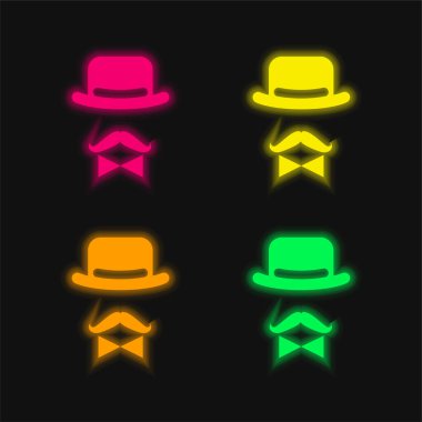 Bir Fiyonk Şapka ve Bıyık 'ın Antik Erkek Karakteri. Parlayan neon vektör simgesi.