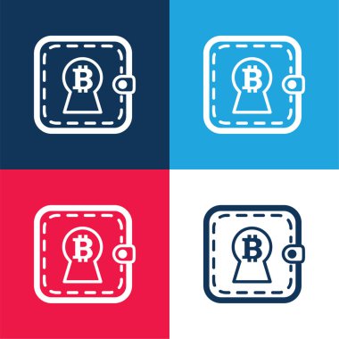 Cüzdanda mavi ve kırmızı bir cüzdan üzerindeki anahtar deliği biçiminde Bitcoin işareti En az dört renk simgesi