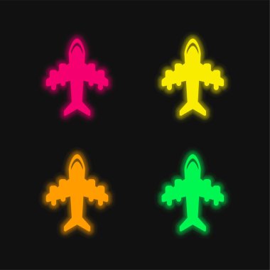Aeroplane With Four Big Motors four color glowing neon vector icon clipart
