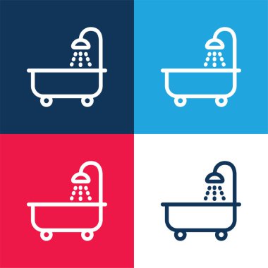 Bathtube With Shower blue and red four color minimal icon set clipart