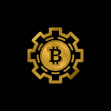 Bitcoin Mekanik Sembol Altın kaplama metalik simge veya logo vektörü