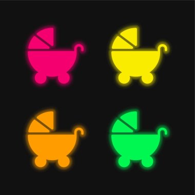 Baby Stroller four color glowing neon vector icon clipart
