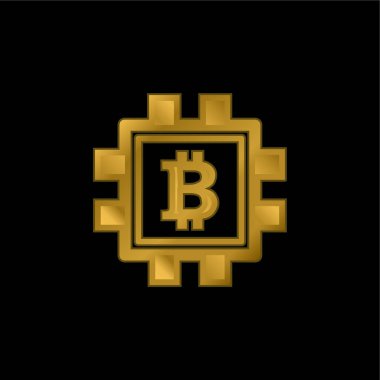 İşlemci altın kaplamalı metalik simge veya logo vektörü olarak Bitcoin