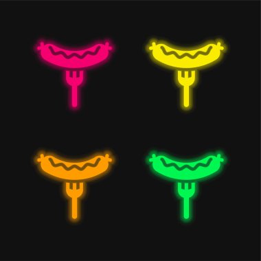 Bratwurst On Fork four color glowing neon vector icon clipart
