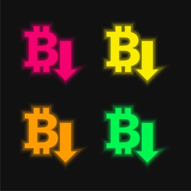 Bitcoin Down Arrow four color glowing neon vector icon clipart
