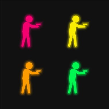 Silahlı suçlu erkek silueti. Dört renkli parlak neon vektör simgesi.