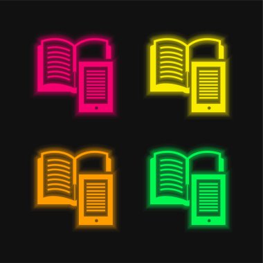 Kitap ve Ipad dört renk parlayan neon vektör simgesi