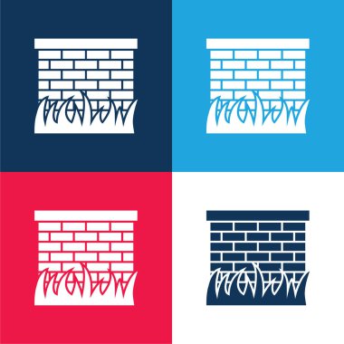 Bricks Wall With Grass Leaves Border blue and red four color minimal icon set clipart