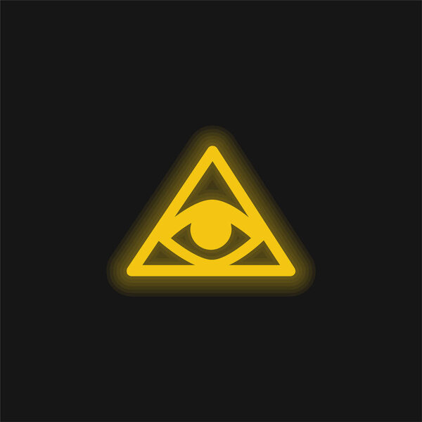 Bills Symbol Of An Eye Inside A Triangle Or Pyramid yellow glowing neon icon