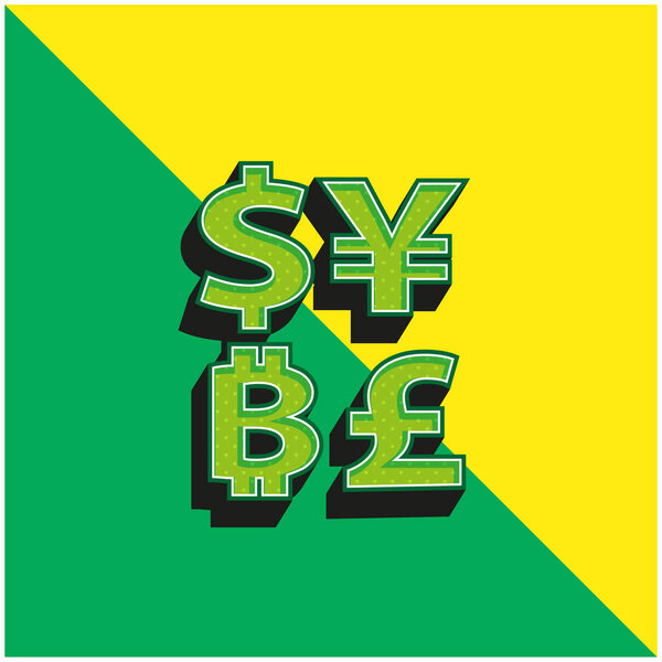 Символ биткойна с символом иены доллара и фунта зеленый и желтый современный трехмерный векторный логотип