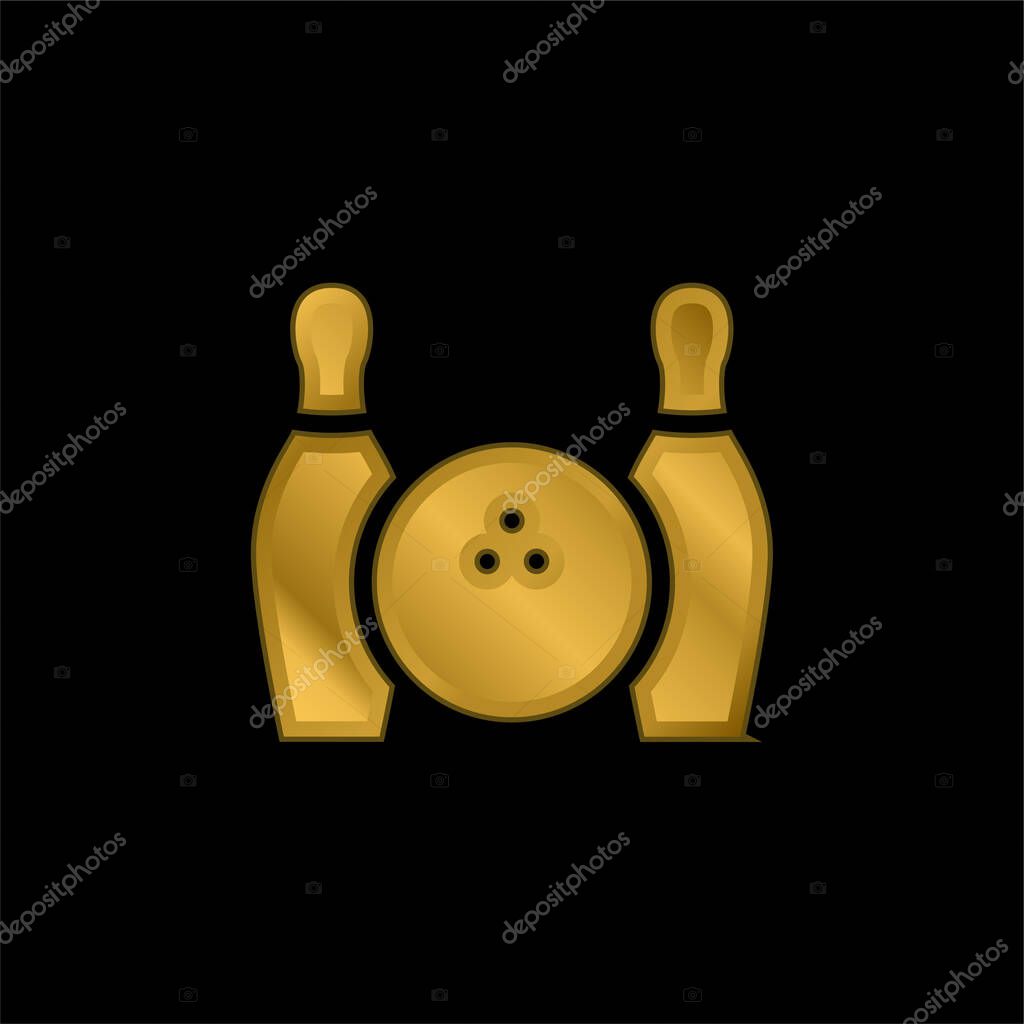 Bowling Ball And Two Bowls gold plated metalic icon or logo vector