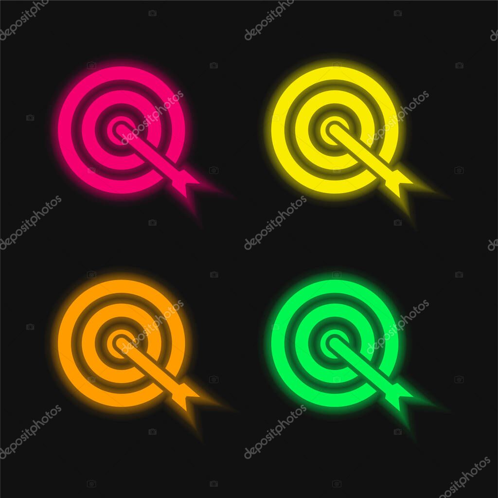 Arrow Shoot On Target Center four color glowing neon vector icon