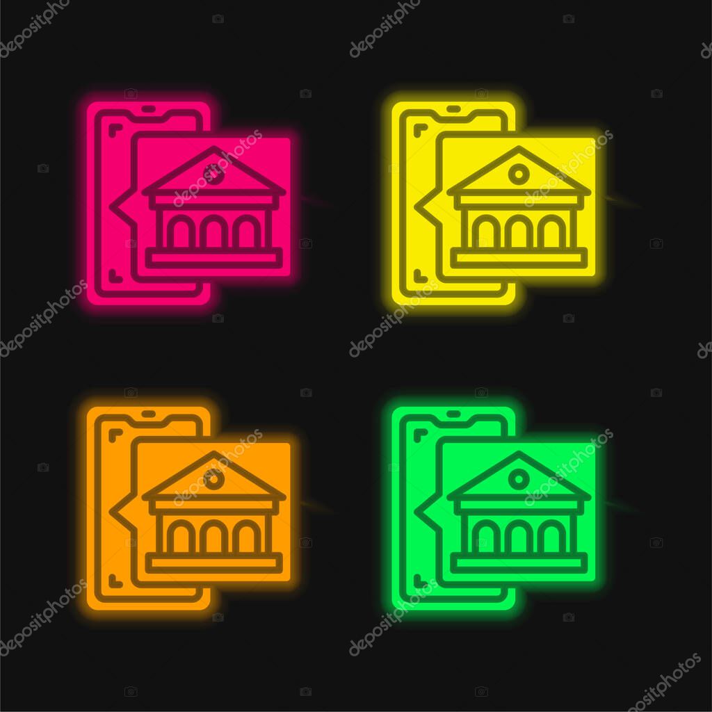 Bank four color glowing neon vector icon