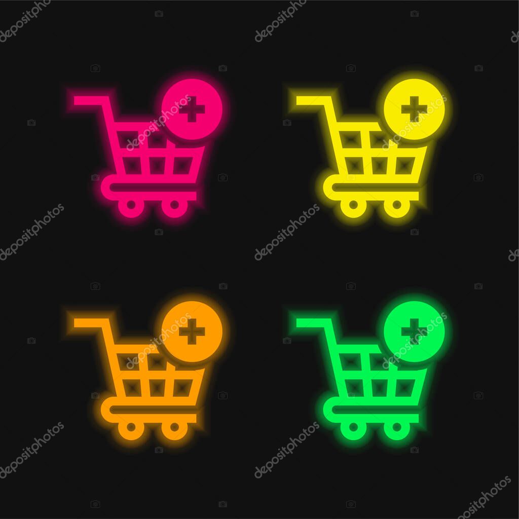 Add To Cart four color glowing neon vector icon