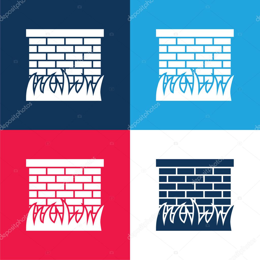 Bricks Wall With Grass Leaves Border blue and red four color minimal icon set