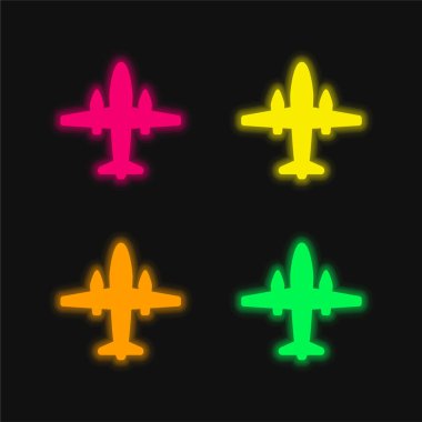 Aeroplane With Two Big Engines four color glowing neon vector icon clipart