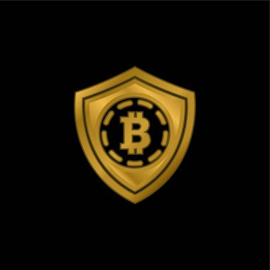 Bitcoin Safety Shield Symbol gold plated metalic icon or logo vector clipart
