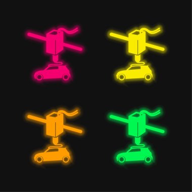 3d Yazıcı Bir Araba Yazdırıyor Dört renkli parlak neon vektör simgesi