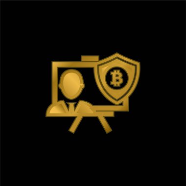 Bitcoin sunumu Güvenlik Kalkanı Altın kaplama metalik simge veya logo vektörü