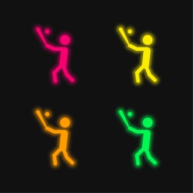 Beyzbol sopasıyla topa vuran dört renkli neon vektör simgesi