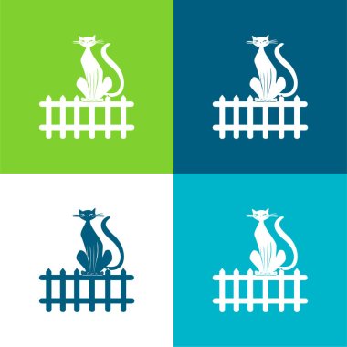 Black Cat On Fence Flat four color minimal icon set clipart