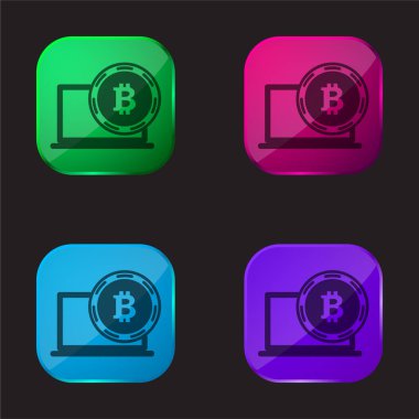 Bitcoin ve Laptop Sembolü dört renkli cam simge simgesi