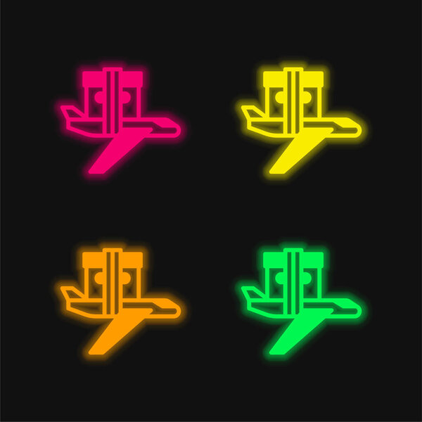 Airplane four color glowing neon vector icon