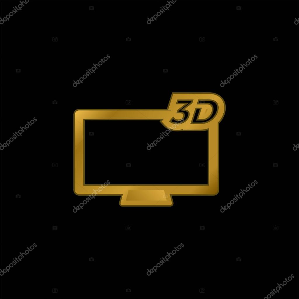3D Television gold plated metalic icon or logo vector
