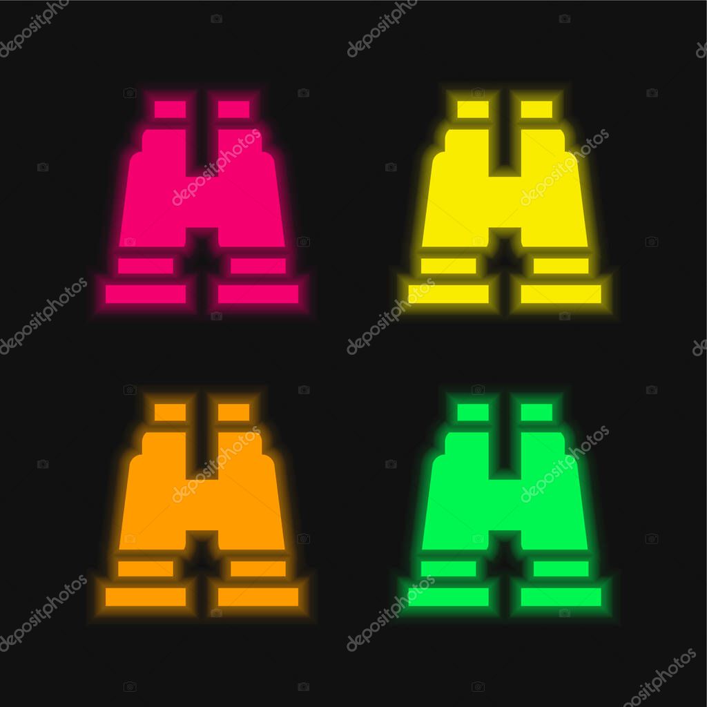 Binoculars four color glowing neon vector icon