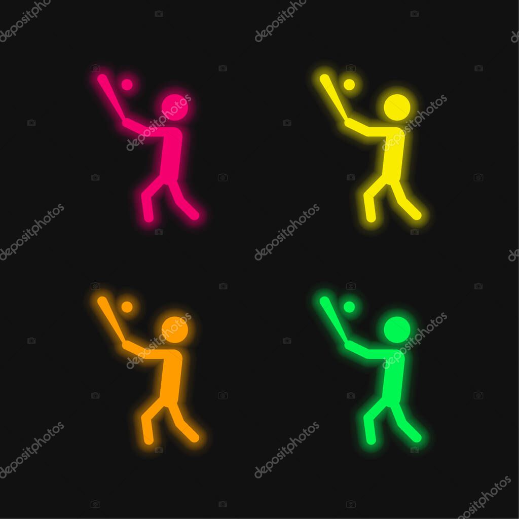 Baseball Player With Bat Hitting The Ball four color glowing neon vector icon