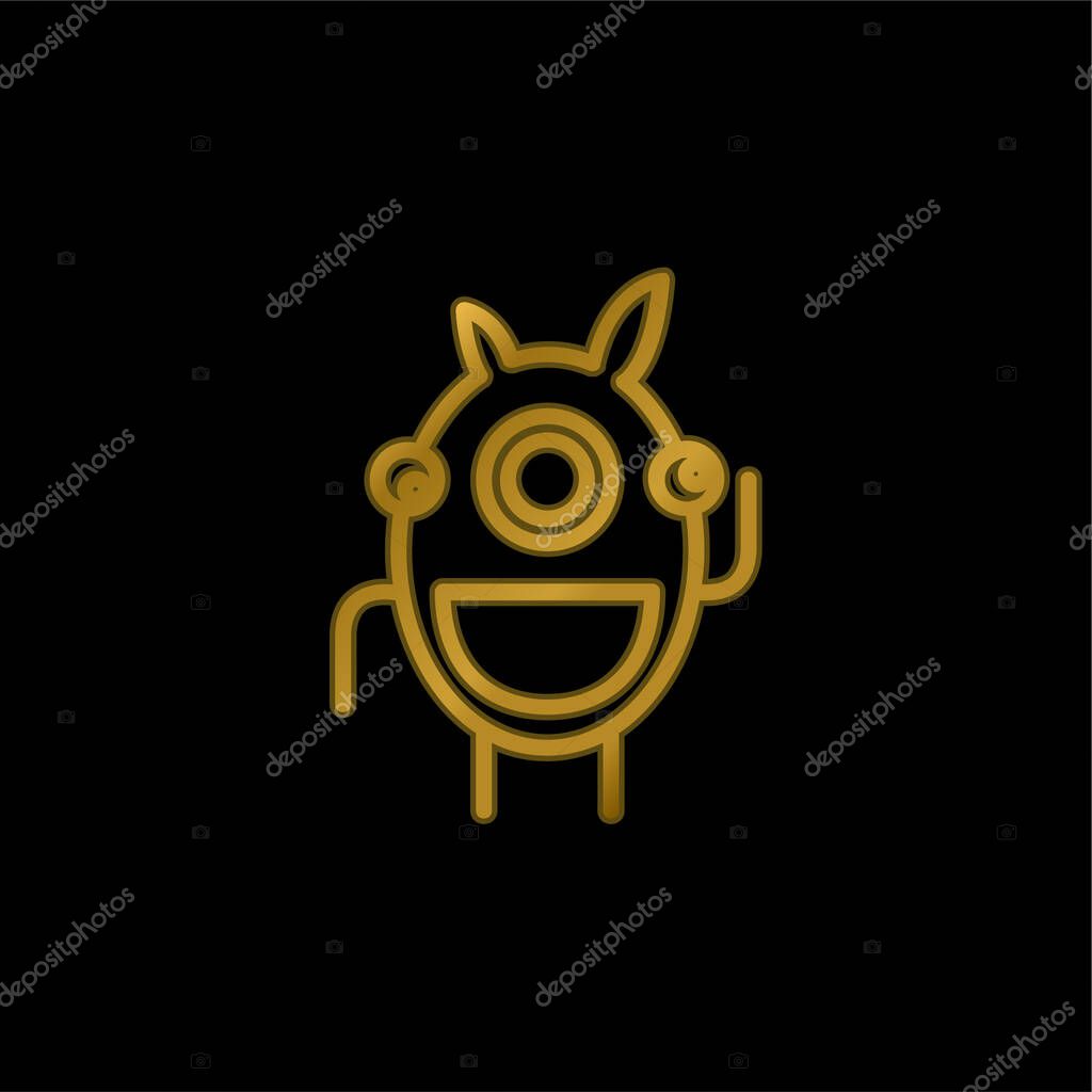 Alien Outline In A Circle gold plated metalic icon or logo vector