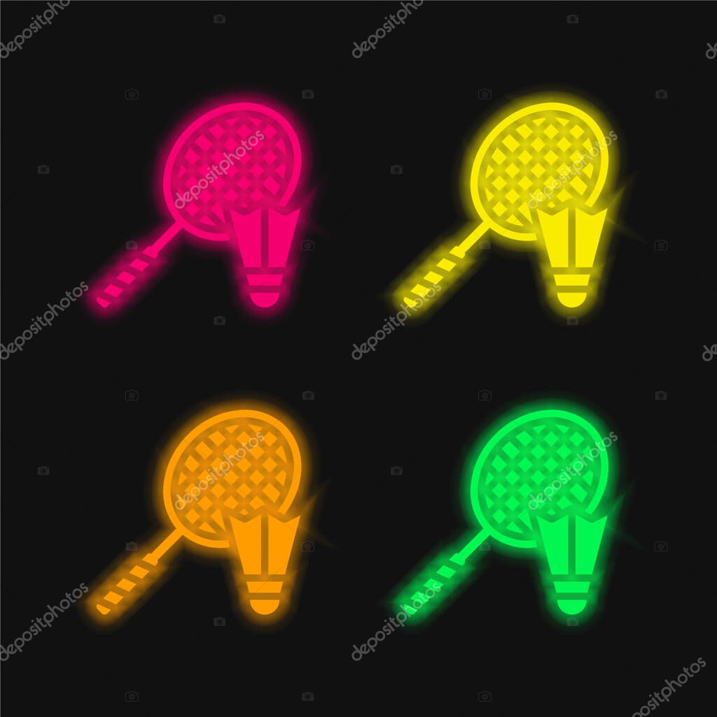 Badminton four color glowing neon vector icon