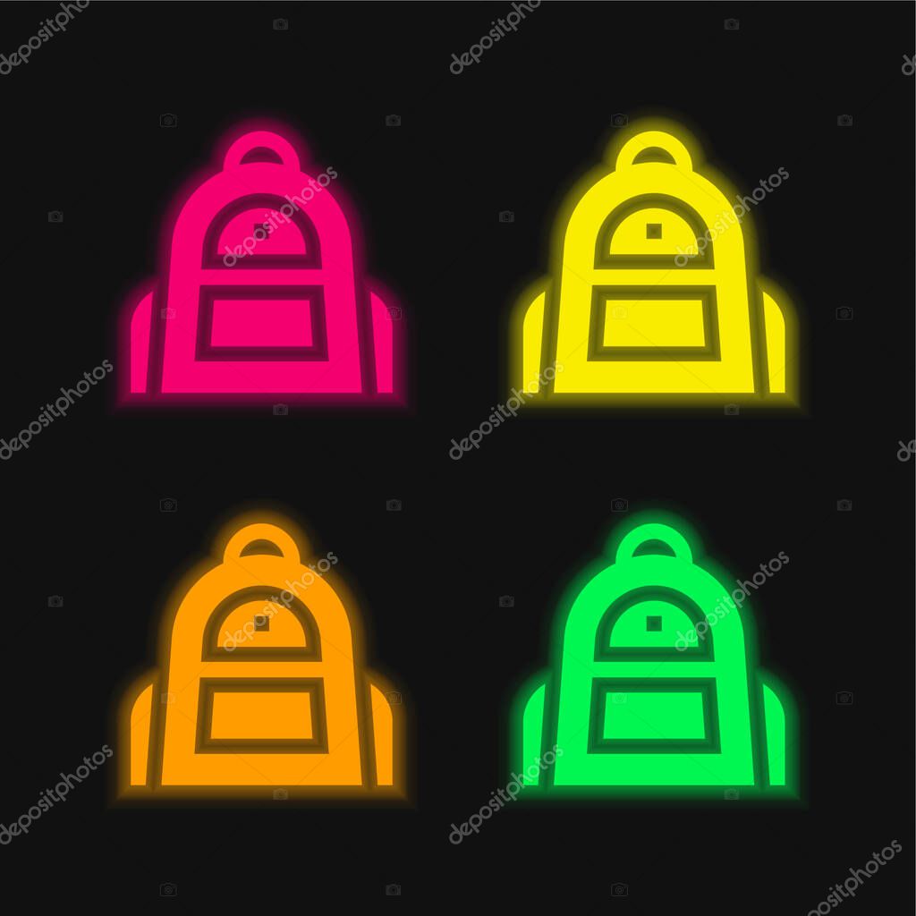 Backpack four color glowing neon vector icon