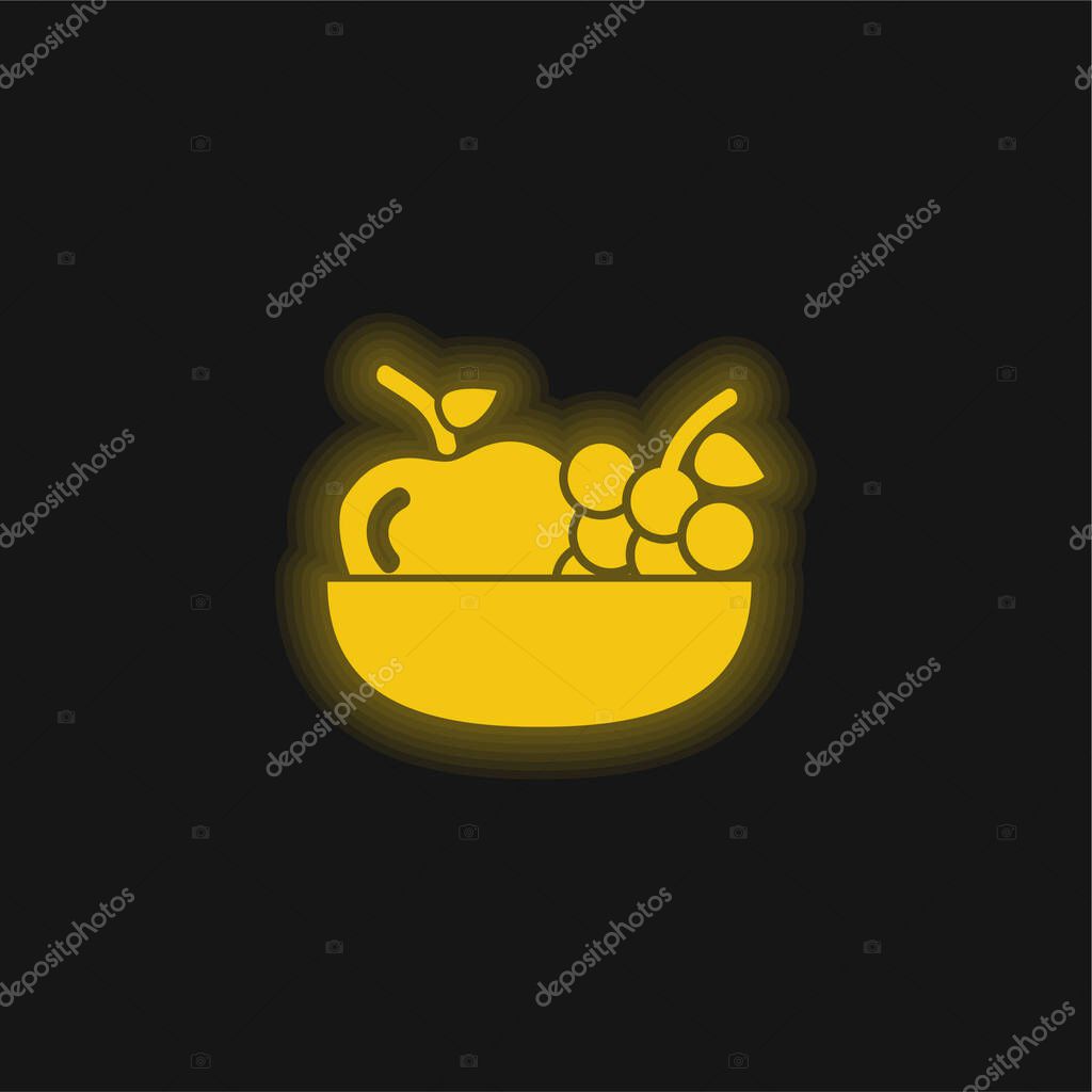 Apple And Grapes On A Bowl yellow glowing neon icon