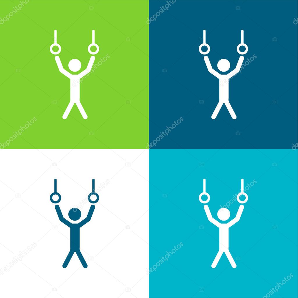 Athlete Hanging Of Rings Couple To Practice Gymnastics Flat four color minimal icon set
