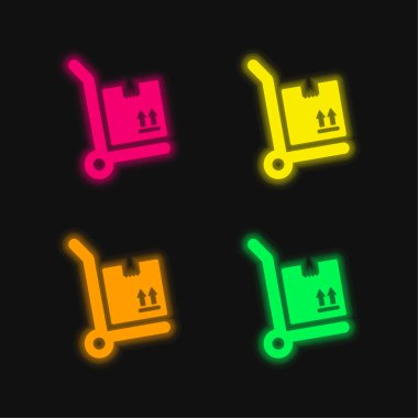 Box Package On A Cart four color glowing neon vector icon clipart